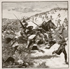 Carga de los escoceses en Homildon Hill, ilustración de Cassells Illustrated History of England