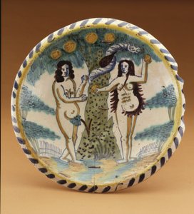 Plato decorado con la historia bíblica de Adán y Eva en el Jardín del Edén, c.1680 de English School