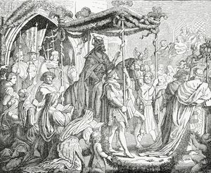 Carlos IV, emperador del Sacro Imperio Romano, visitando al papa Urbano V en Aviñón en 1365 de English School