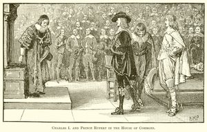 Carlos I y el príncipe Ruperto en la Cámara de los Comunes de English School
