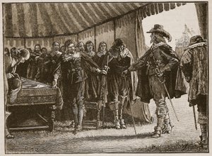 Carlos y los comisionados escoceses, ilustración de la Historia Ilustrada de Inglaterra de Cassell de English School