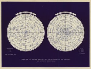 Mapa del cielo con las constelaciones del hemisferio norte y del hemisferio sur (litografía en color)