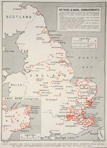Mapa que muestra las localidades exactas en Inglaterra y Escocia que sufrieron bombardeos y ataques aéreos hostiles desde el 16 de diciembre de 1914 hasta el 17 de junio de 1918, 1918-19 de English School