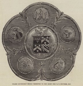 Escudo de plata dorada perseguido presentado al Muy Honorable E P Bouverie, MP (grabado) de English School