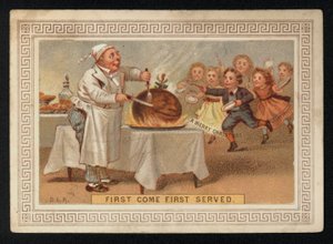 Chef cortando un pudín de ciruela, tarjeta de felicitación de Navidad de English School