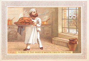 Chef sosteniendo una bandeja de pavo, Tarjeta de Navidad de English School