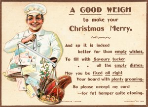 Chef pesando cartas y comida en balanzas, tarjeta de Navidad de English School