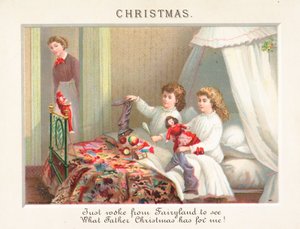 Niños vaciando medias en la mañana de Navidad, Tarjeta de Navidad