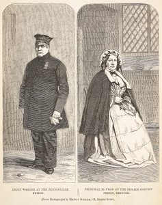 Jefe de celadores en la prisión de Pentonville y matrona principal en la prisión de convictas de Brixton, ilustración de Las prisiones criminales de Londres y escenas de la vida en prisión de Henry Mayhew y John Binny de English School