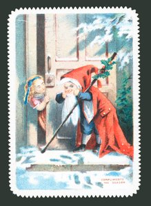 Niño vestido de Santa llamando a la puerta, tarjeta de Navidad
