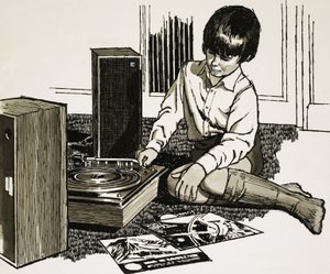 Niño jugando con un tocadiscos de English School