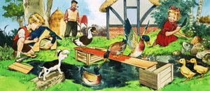 Niños y patos jugando