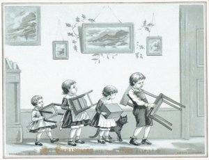 Niños llevando silla y taburetes, tarjeta de Navidad de English School