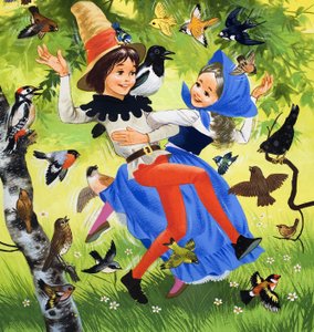 Niños bailando en el bosque (gouache sobre papel)