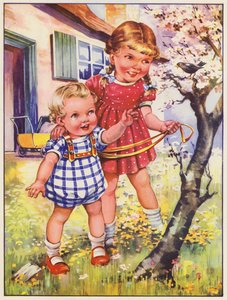 Niños en el jardín con un mirlo (litografía en color) de English School