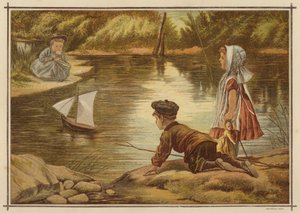 Niños botando un yate a escala (litografia en color) de English School