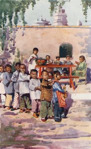 Niños de China: Niños comiendo y jugando (litografía en color) de English School