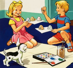 Niños pintando huevos de English School