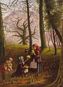 Niños recogiendo flores en el bosque (litografía en color) de English School