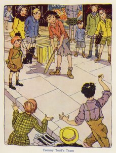 Niños jugando críquet en la calle (litografia en color) de English School