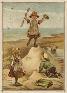 Niños jugando al rey del castillo a la orilla del mar (litografia en color) de English School
