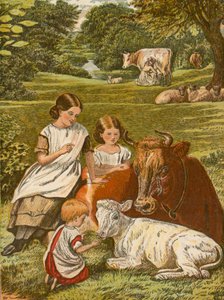 Niños jugando con vaca y ternero de English School