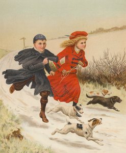 Niños corriendo con perros por una carretera nevada (cromolito) de English School