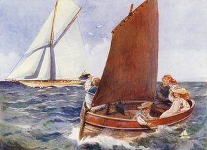 Niños navegando y viendo pasar un yate (litografia en color) de English School