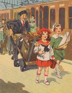 Niños viajando en tren para las vacaciones (litografia de color)