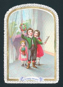 Niños con corona y flores, tarjeta de Año Nuevo de English School