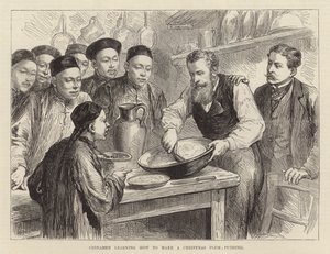 Chinos aprendiendo a hacer un budín de ciruelas navideño (grabado)