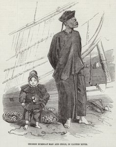 Hombre y niño en bote de provisiones chino