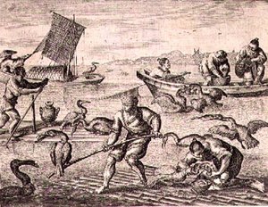 Pescadores chinos usando cormoranes para atrapar peces, ilustración de una descripción de embajadas a China de English School