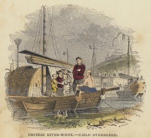 Escena de Río en China, Niño al Agua (grabado coloreado) de English School