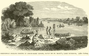 Indios Chippeway pescando en canoas de corteza de abedul, Sault de St Marys, Lago Superior