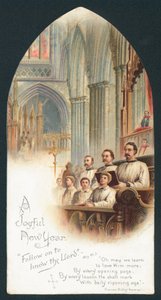 Coro cantando en la iglesia, Tarjeta de Año Nuevo de English School