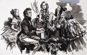 Chopin con admiradoras (gouache sobre papel) de English School