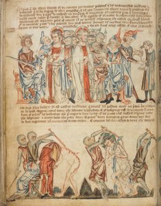 Cristo ante Herodes y ante Pilatos; Herodes se lava las manos; la flagelación de Cristo, Add. 47682, f.30v, c.1320-30 (vitela) de English School