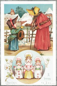 Saludos navideños y niñas cantando, tarjeta de Navidad