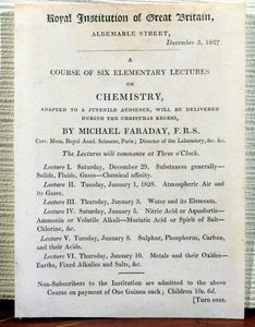 Folleto navideño para Seis conferencias elementales sobre química por Michael Faraday, 3 de diciembre de 1827 de English School