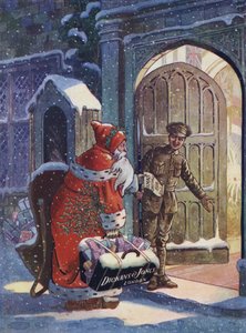 Anuncio navideño mostrando a Santa Claus trayendo regalos para los soldados de la Primera Guerra Mundial de la tienda por departamentos Dickins and Jones de English School
