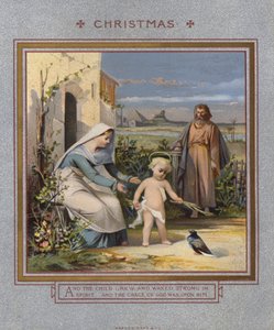 Tarjeta de Navidad: Jesús jugando con una paloma, observado por sus padres de English School