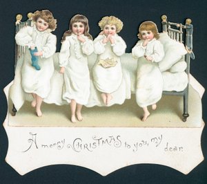 Tarjeta de Navidad, niños en la cama con sus medias de English School