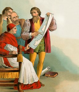 Cristóbal Colón mostrando sus planes a los portugueses que lo traicionaron