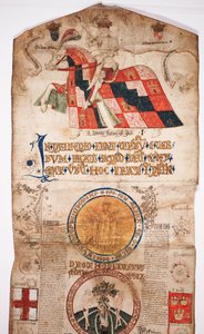 Crónica de la historia del mundo desde la creación hasta Woden, con una genealogía de Eduardo IV (Rollo de Eduardo IV), sección inicial con un retrato de Eduardo IV a caballo, un medallón con Dios y otro de English School