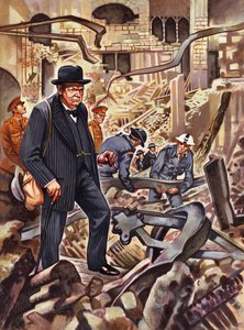 Churchill inspecciona los daños después de que una bomba alemana destruyera parte de la Cámara de los Comunes