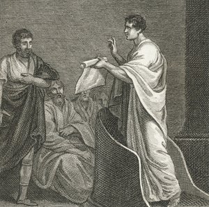 Cicerón acusando a Catilina en la Cámara del Senado (grabado) de English School