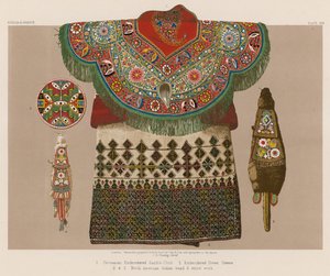 Manta de silla bordada circasiana; Vestido bordado, Grecia; Trabajo de cuentas y paja de los indios norteamericanos de English School