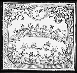 Círculo de Brujas Bailando Bajo la Luna Llena, ilustración de una colección de folletos sobre esoterismo
