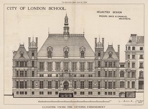 Escuela de la Ciudad de Londres; elevación frente al Victoria Embankment